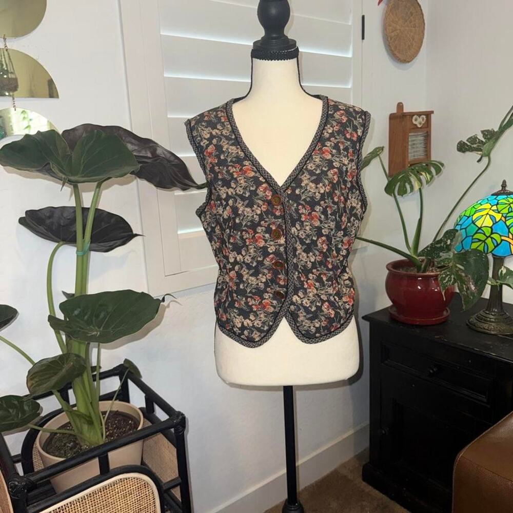 Vintage 80s 90s Whimsigoth Boho Dorothy Schoelen Floral Boho Vest Size L